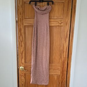 Beige Strapless Bandeau Cowl Neck Maxi Gown